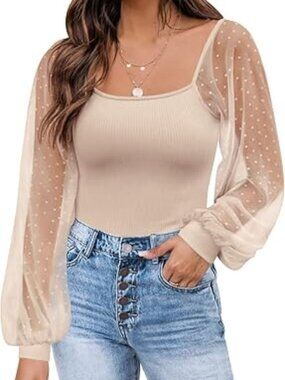 Dorose Beige Mesh Polka Dot Sheer Long Sleeve Ribbed Top Blouse Women's Small